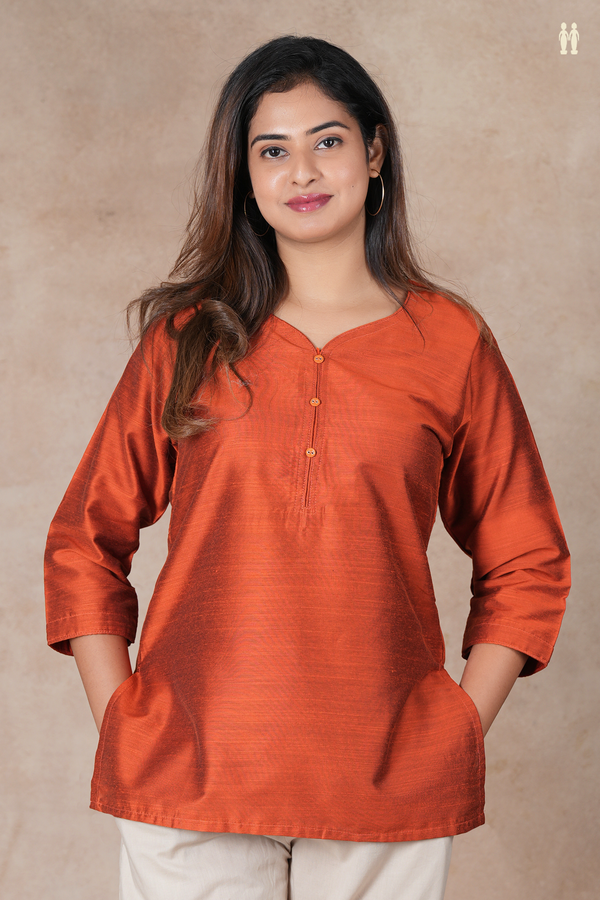 Split Neck Plain Rust Orange Raw Silk Short Top