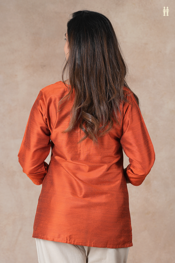 Split Neck Plain Rust Orange Raw Silk Short Top
