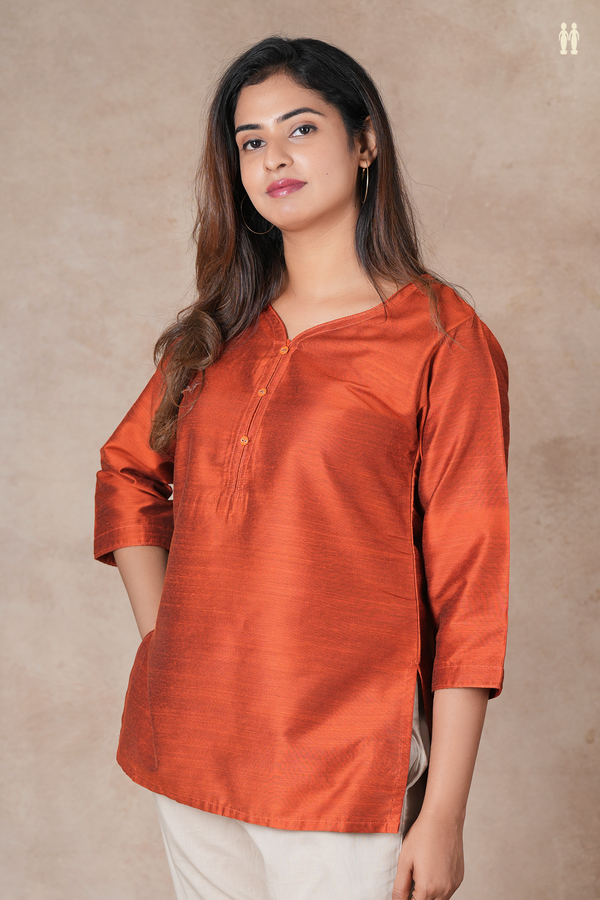 Split Neck Plain Rust Orange Raw Silk Short Top