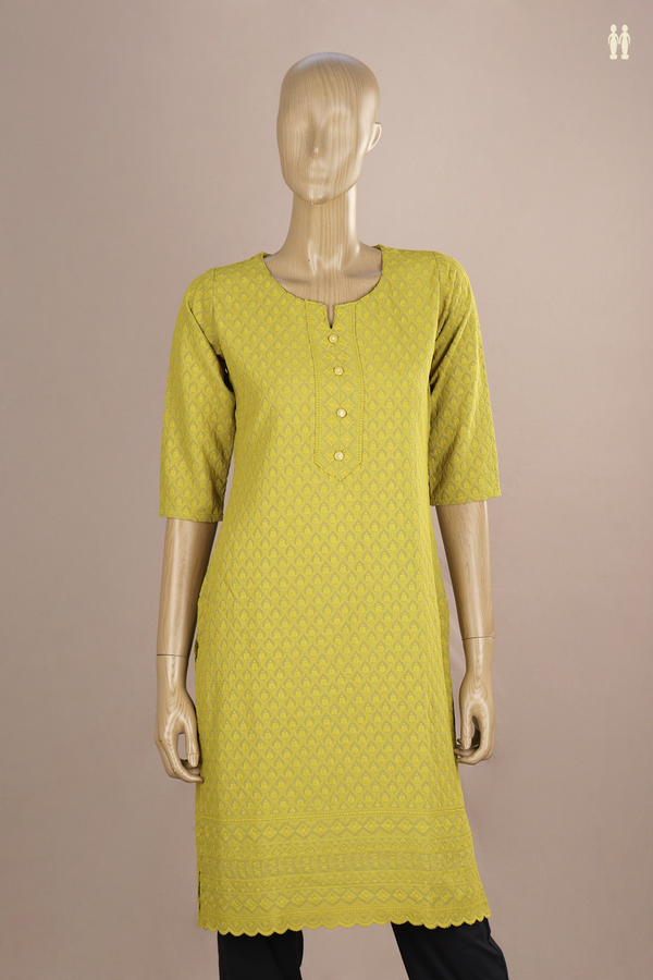 Round Neck Threadwork Design Pear Green Cotton Long Kurta