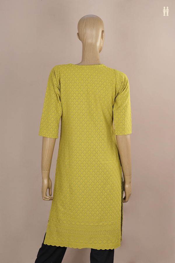 Round Neck Threadwork Design Pear Green Cotton Long Kurta