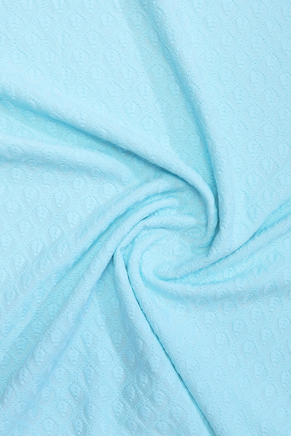 Round Neck Threadwork Design Sky Blue Cotton Long Kurta