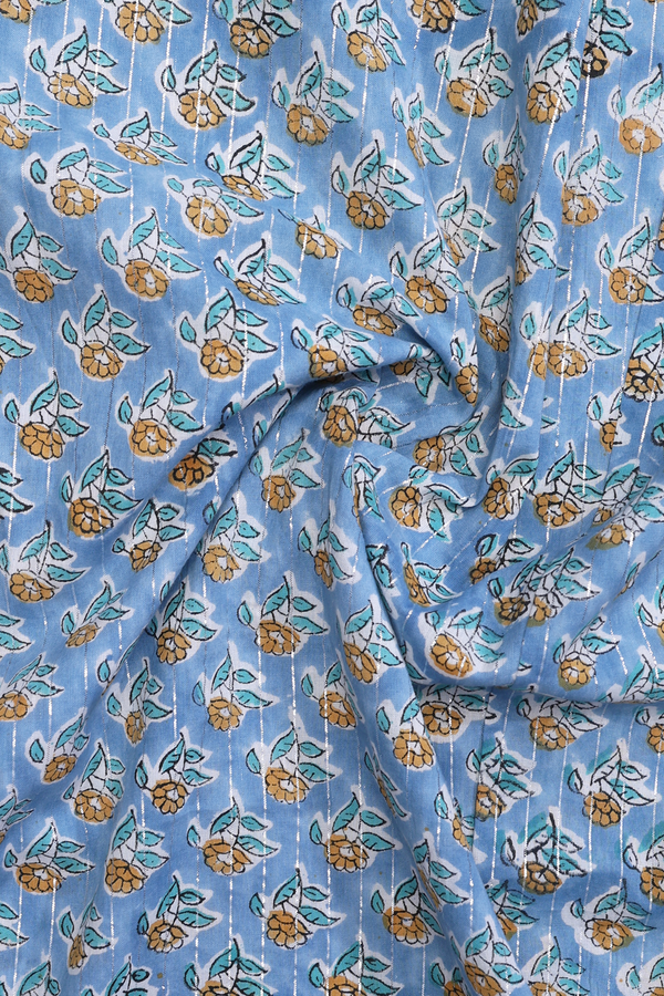 Chinese Neck Floral Printed Dusty Blue Cotton Long Kurta