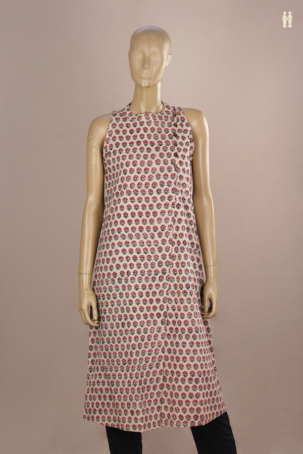 Chinese Neck Floral Printed Beige Jaipur Cotton Long Kurta