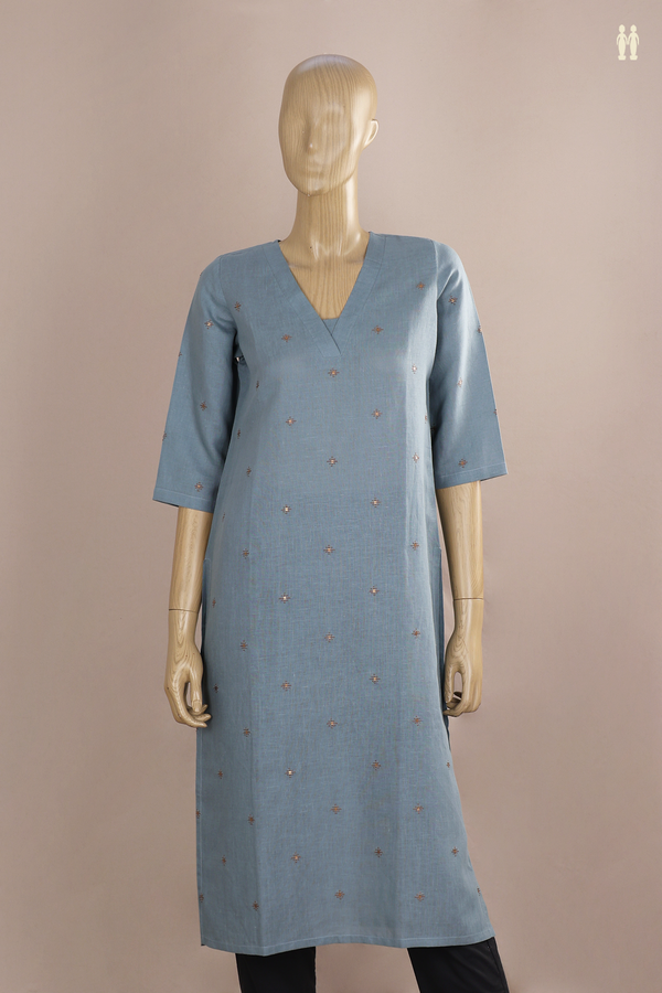 V-Neck Threadwork Buttas Dusty Blue Linen Long Kurta