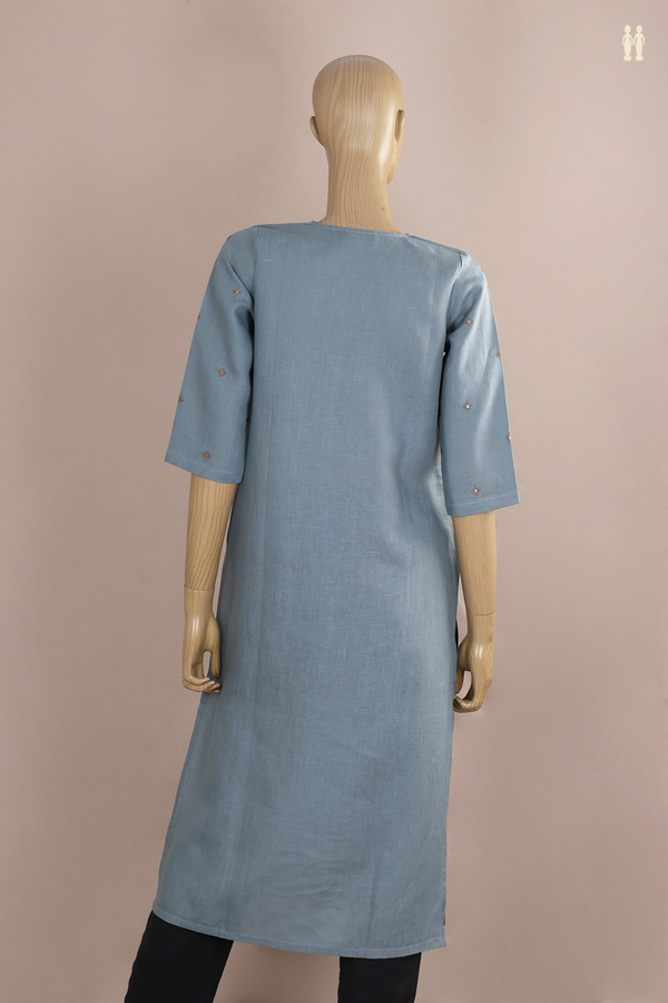 V-Neck Threadwork Buttas Dusty Blue Linen Long Kurta