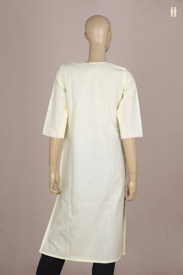 V-Neck Floral Buttas Pale Yellow Linen Long Kurta