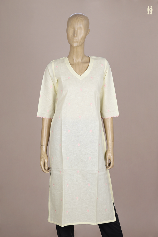 V-Neck Floral Buttas Pale Yellow Linen Long Kurta