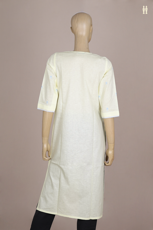 V- Neck Floral Buttas Pale Yellow Linen Long Kurta