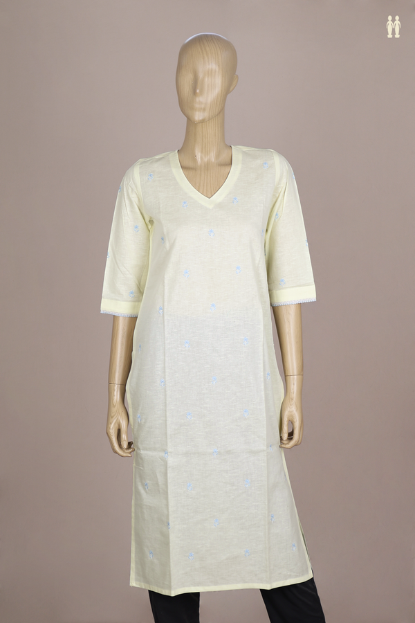 V- Neck Floral Buttas Pale Yellow Linen Long Kurta