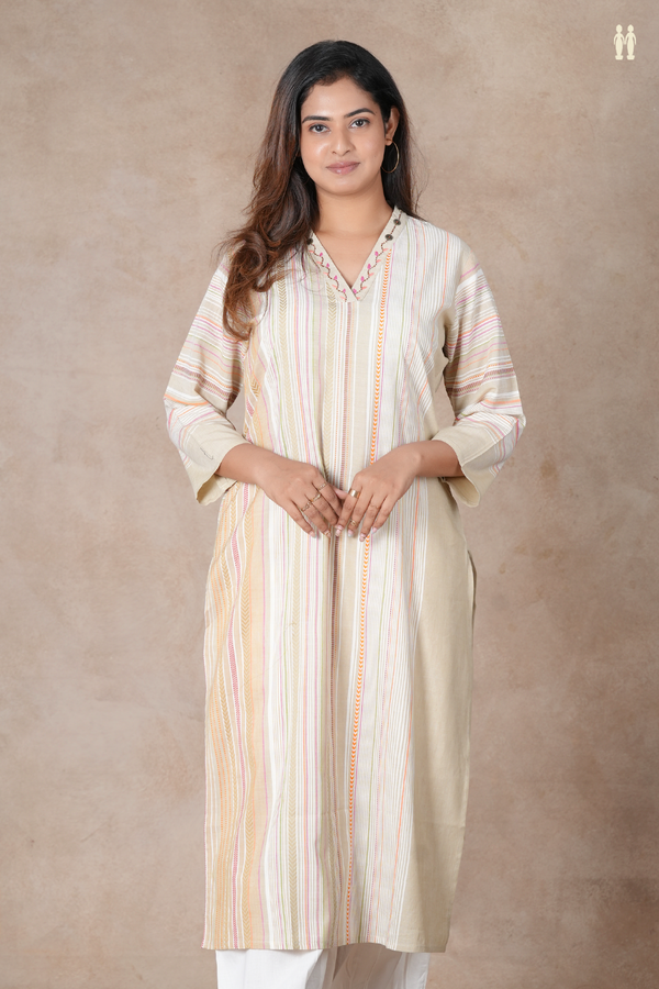 V-Neck Stripes Design Multicolor Cotton Long Kurta