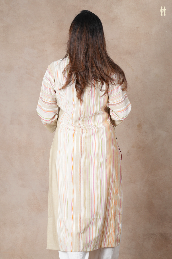 V-Neck Stripes Design Multicolor Cotton Long Kurta