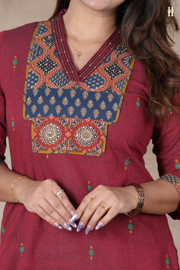 V-Neck Threadwork Buttas Red Cotton Long Kurta