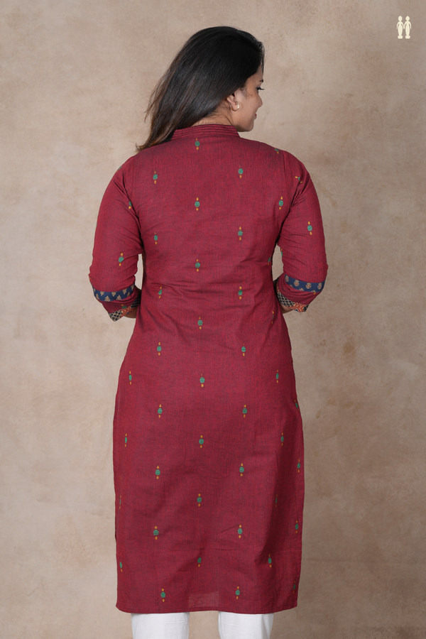V-Neck Threadwork Buttas Red Cotton Long Kurta