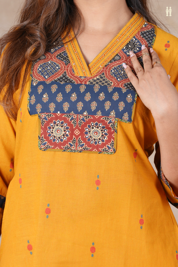 V-Neck Threadwork Buttas Golden Yellow Cotton Long Kurta