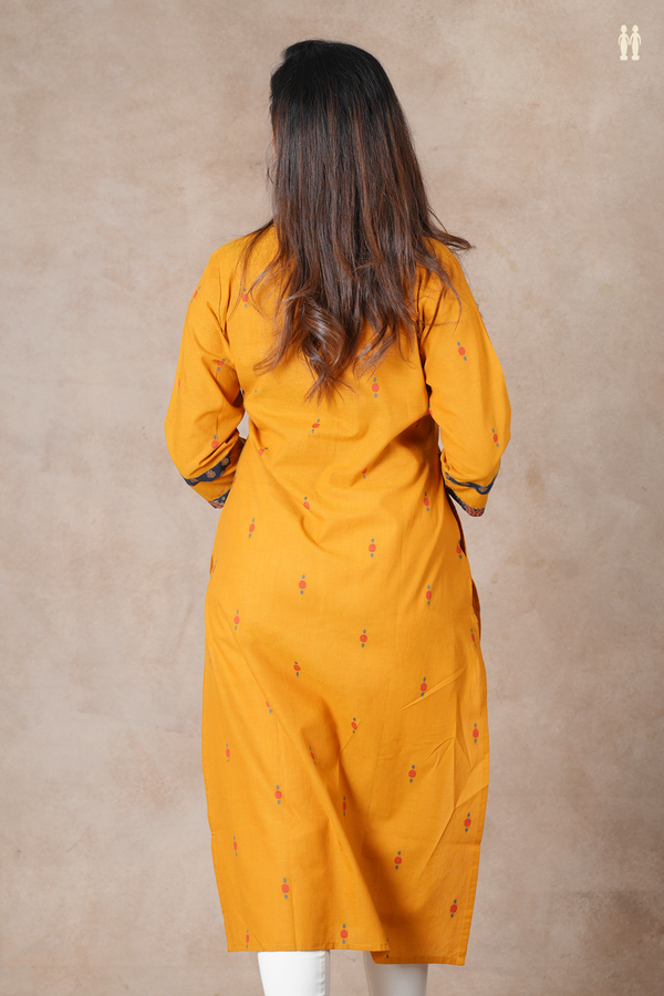 V-Neck Threadwork Buttas Golden Yellow Cotton Long Kurta