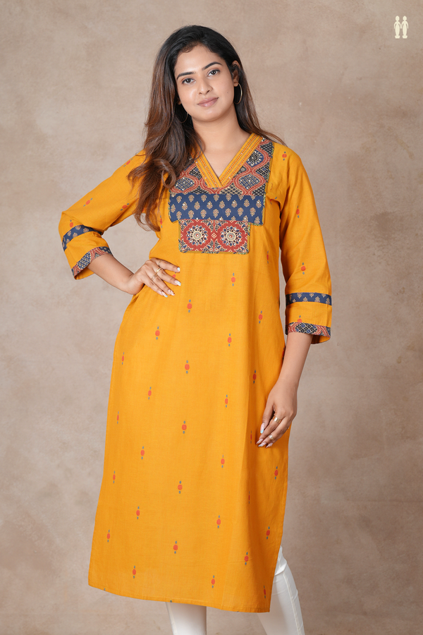 V-Neck Threadwork Buttas Golden Yellow Cotton Long Kurta