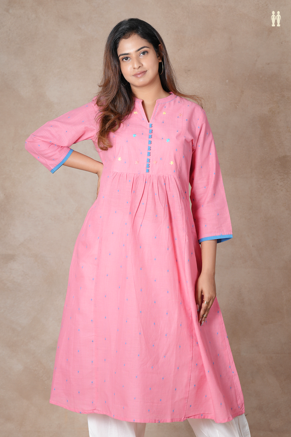 Mandarin Neck Threadwork Buttis Pink Cotton Long Kurta