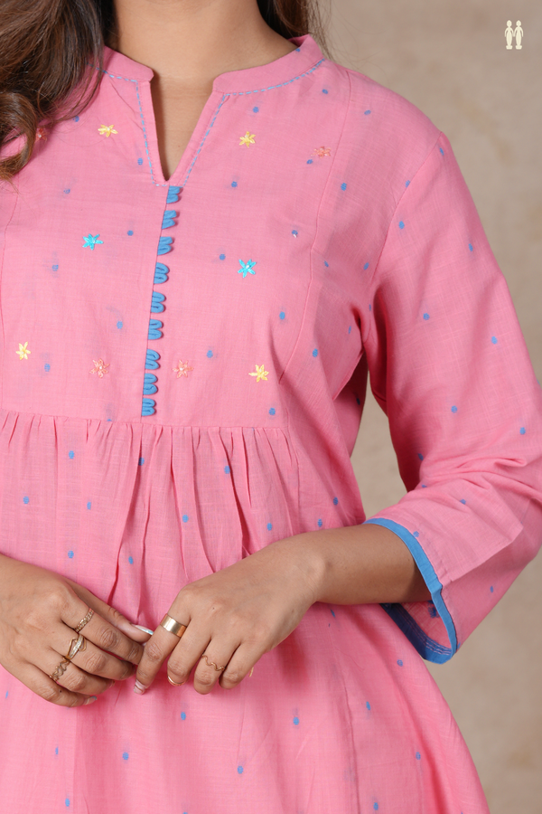 Mandarin Neck Threadwork Buttis Pink Cotton Long Kurta
