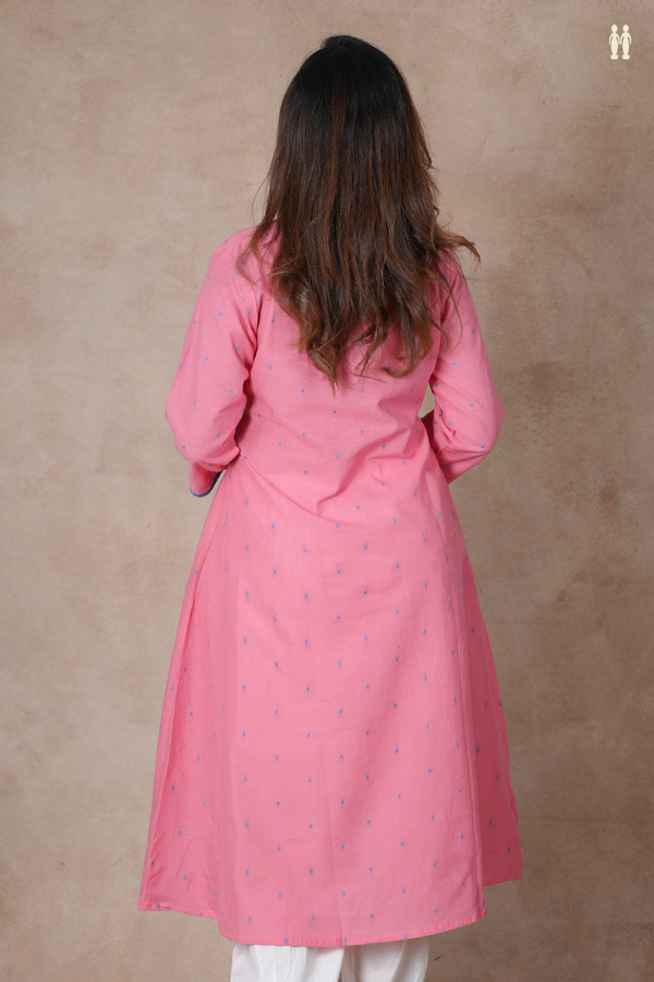 Mandarin Neck Threadwork Buttis Pink Cotton Long Kurta