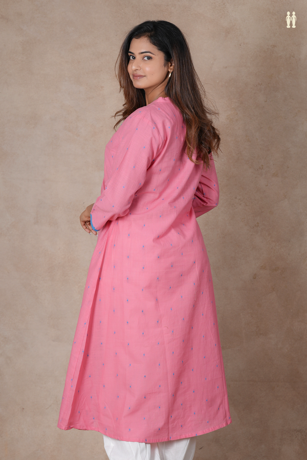 Mandarin Neck Threadwork Buttis Pink Cotton Long Kurta