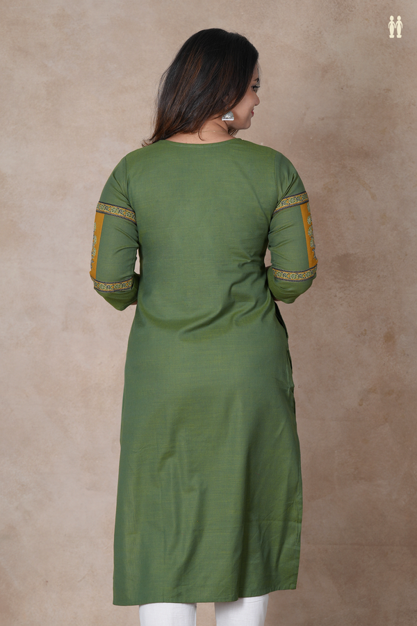 Round Neck Plain Fern Green Cotton Long Kurta