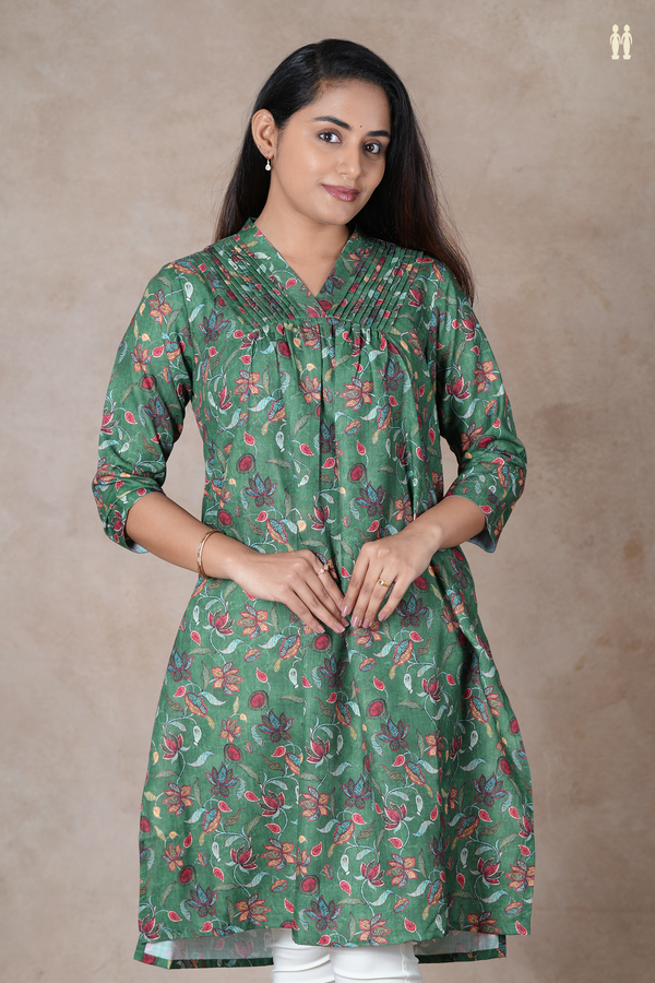 V-Neck Floral Design Emerald Green Cotton Long Kurta