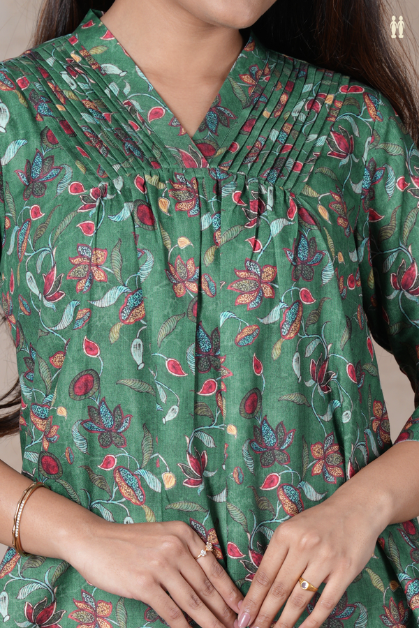V-Neck Floral Design Emerald Green Cotton Long Kurta