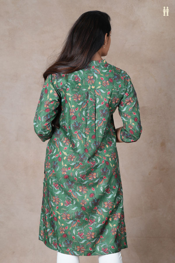 V-Neck Floral Design Emerald Green Cotton Long Kurta