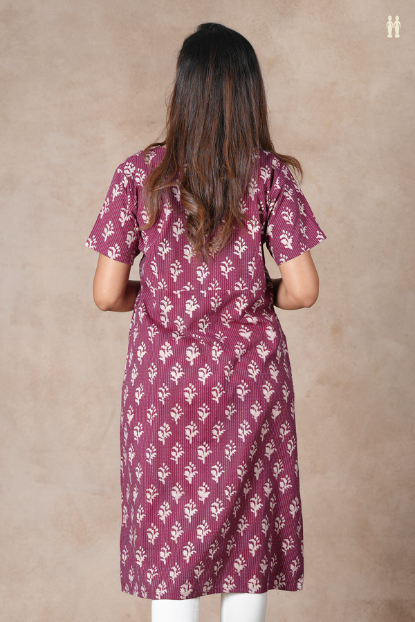 V-Neck Floral Design Plum Brown Cotton Long Kurta