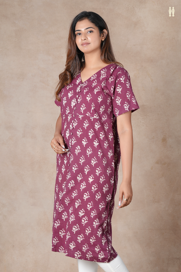 V-Neck Floral Design Plum Brown Cotton Long Kurta