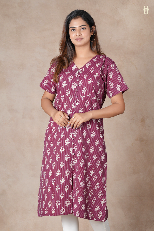 V-Neck Floral Design Plum Brown Cotton Long Kurta