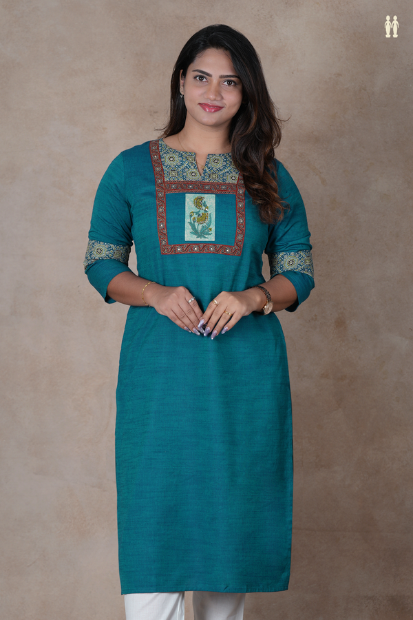 Split Neck Plain Teal Blue Cotton Long Kurta