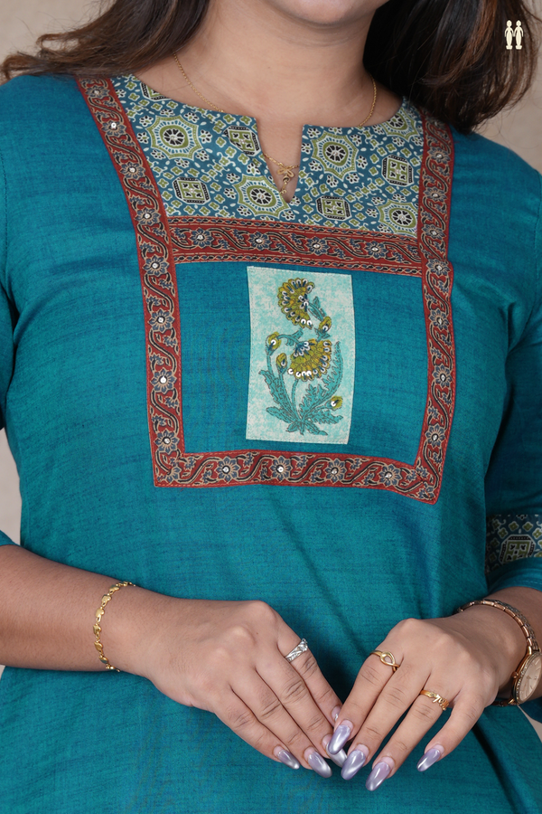 Split Neck Plain Teal Blue Cotton Long Kurta