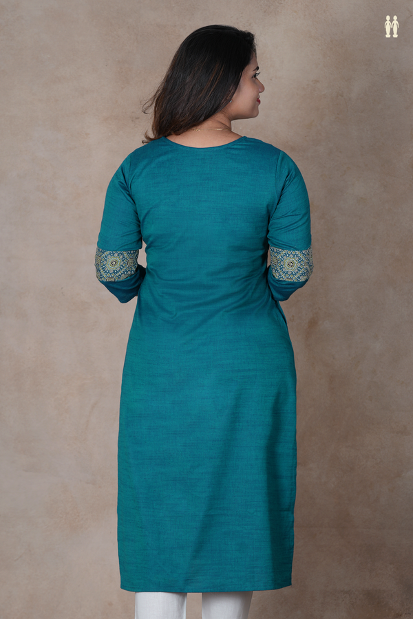 Split Neck Plain Teal Blue Cotton Long Kurta