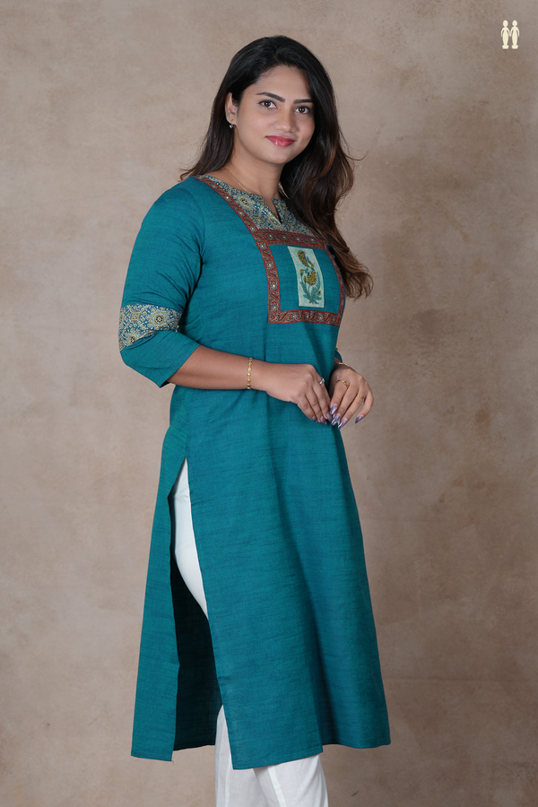 Split Neck Plain Teal Blue Cotton Long Kurta