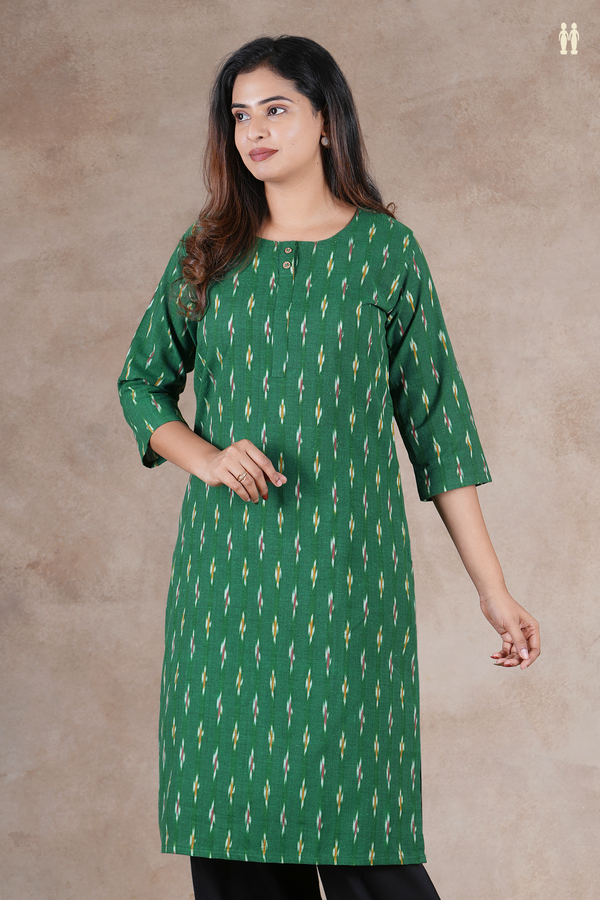 Round Neck Ikat Buttas Green Cotton Long Kurta