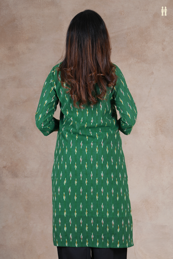 Round Neck Ikat Buttas Green Cotton Long Kurta