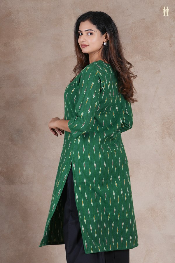 Round Neck Ikat Buttas Green Cotton Long Kurta