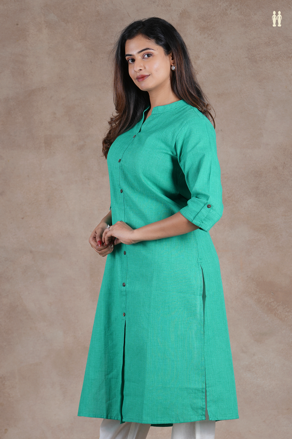 Mandarin Collar Plain Green Cotton Long Kurta