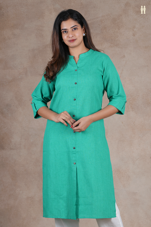 Mandarin Collar Plain Green Cotton Long Kurta