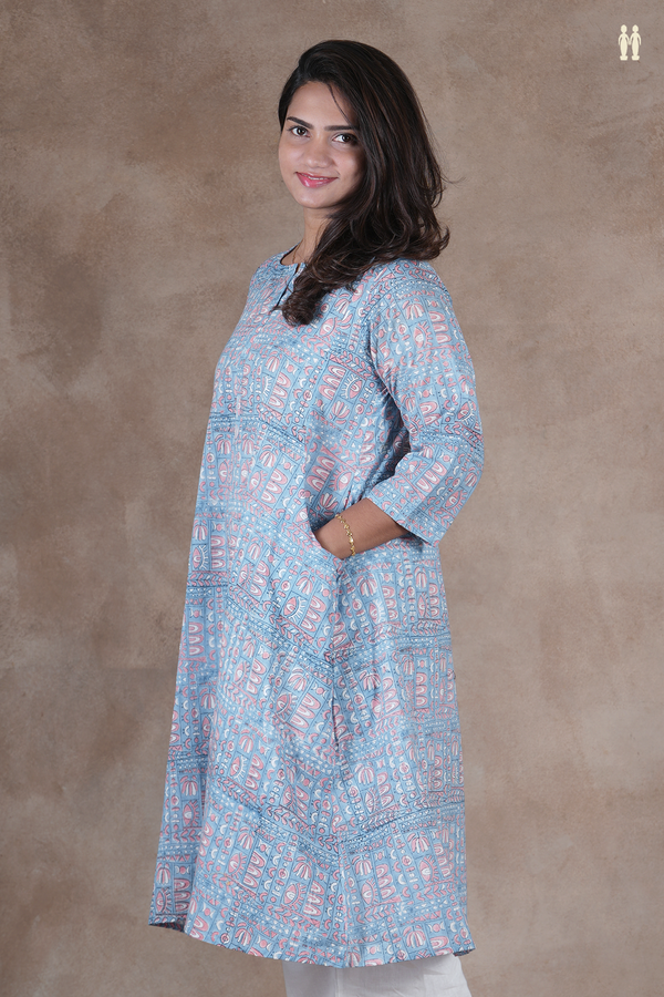 Round Neck Printed Design Blue Cotton Long Kurta