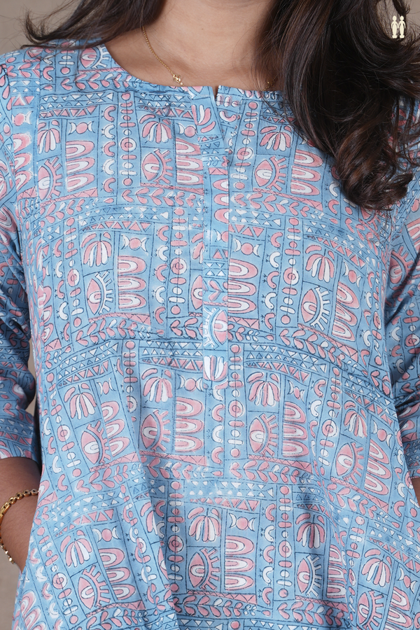 Round Neck Printed Design Blue Cotton Long Kurta