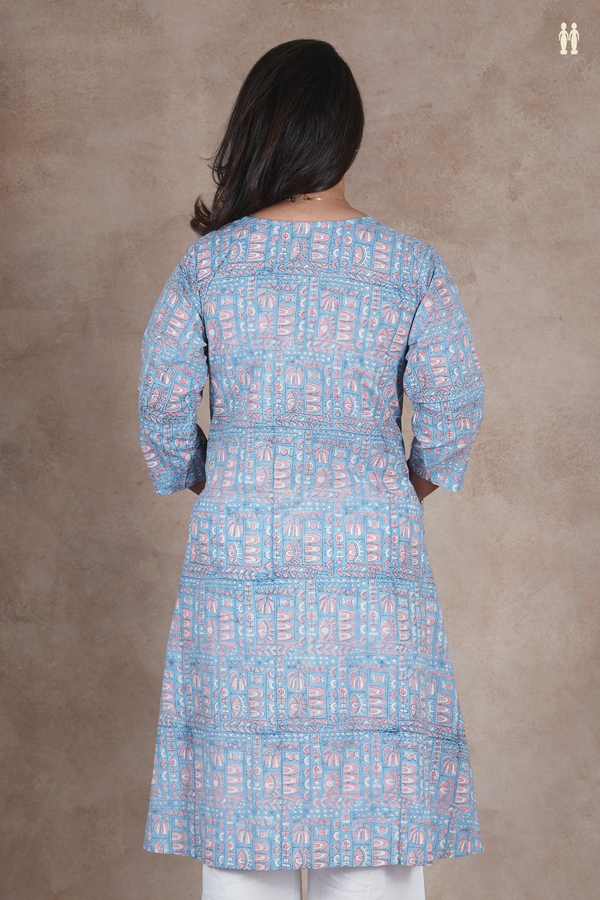 Round Neck Printed Design Blue Cotton Long Kurta