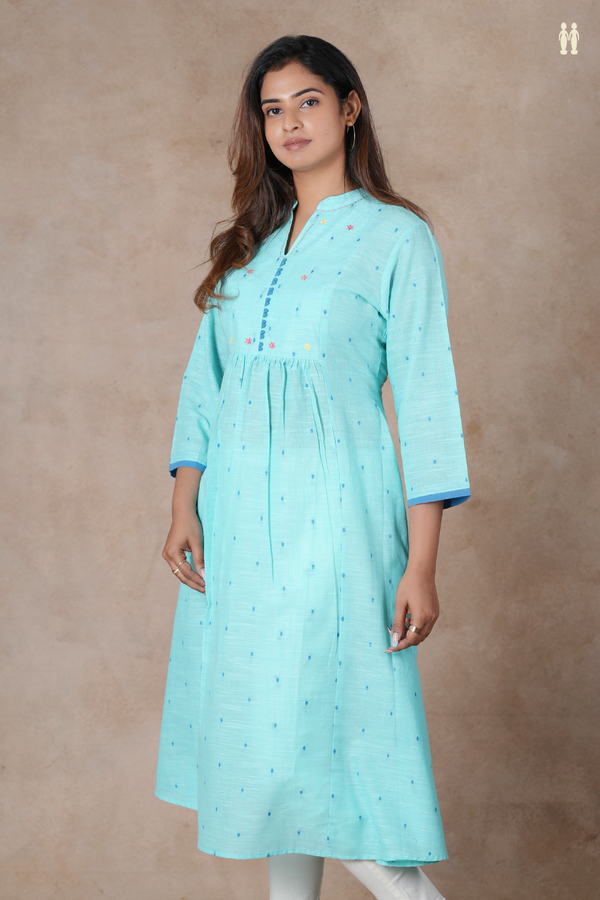 Mandarin Neck Threadwork Buttis Blue Cotton Long Kurta