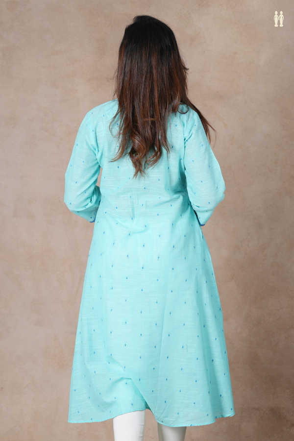 Mandarin Neck Threadwork Buttis Blue Cotton Long Kurta