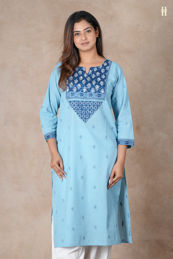 Split Neck Plain Light Blue Cotton Long Kurta