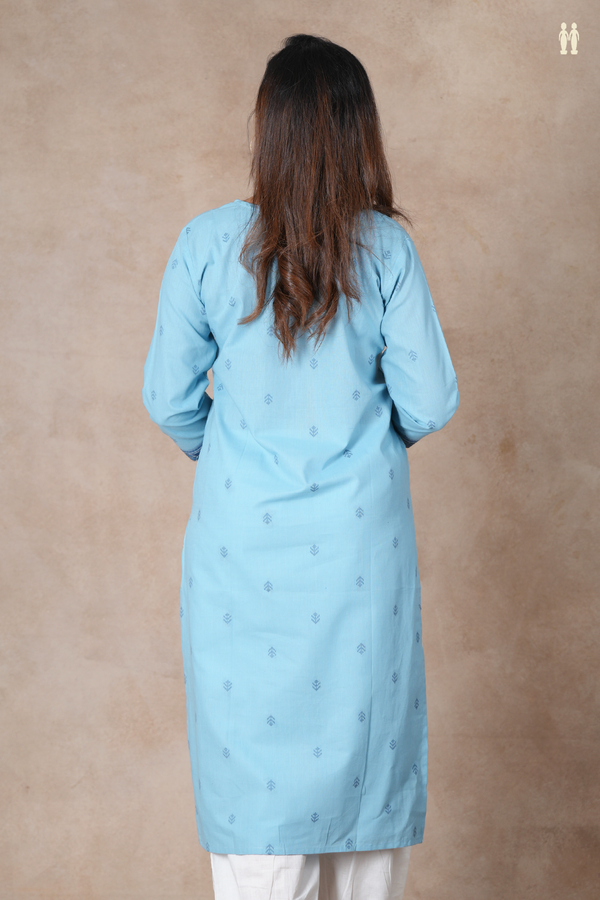 Split Neck Plain Light Blue Cotton Long Kurta