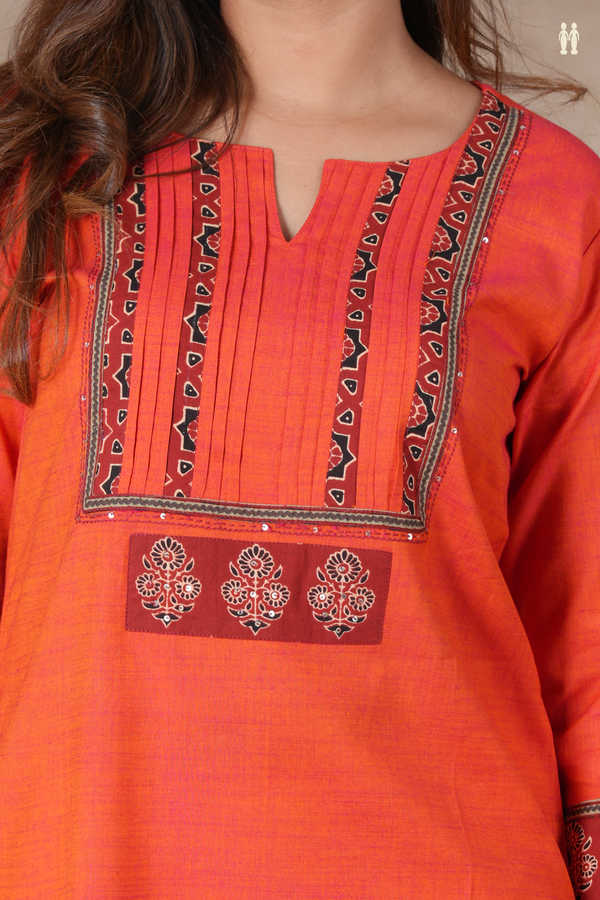 Split Neck Plain Vermillion Orange Cotton Long Kurta