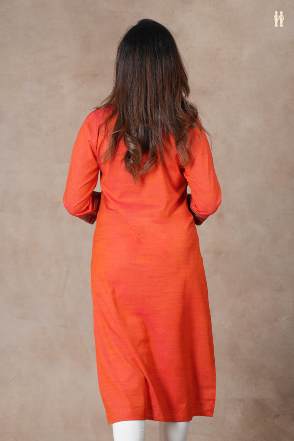 Split Neck Plain Vermillion Orange Cotton Long Kurta